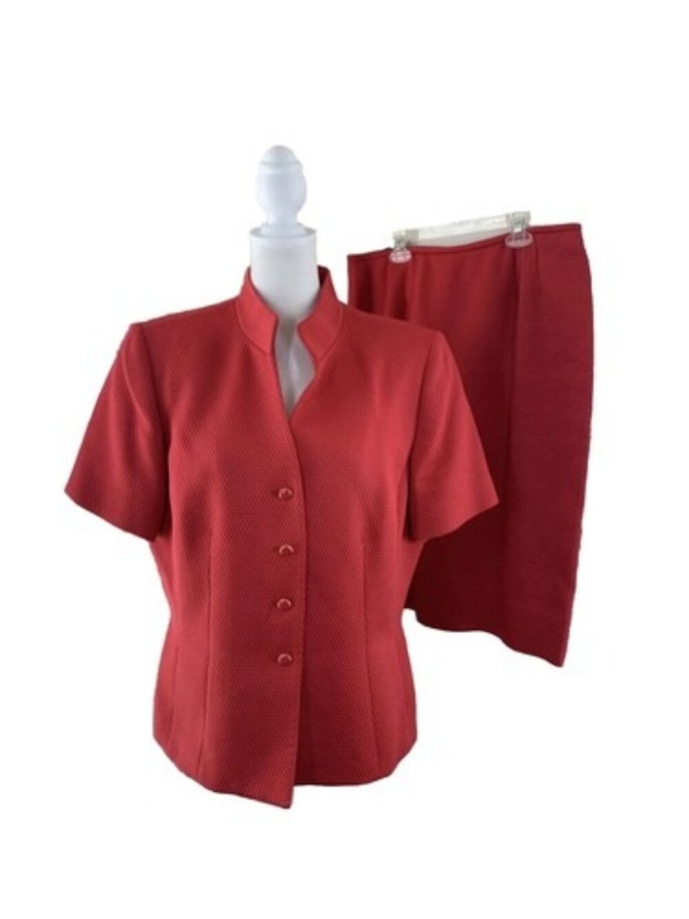 Vintage Kasper Skirt Suit Women’s Size 12 Textured Shiny Dark Coral 2-pc Set